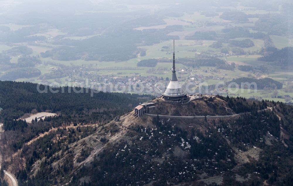 Aerial image Reichenberg - Radio tower and transmitter and hotel on the crest of the mountain range in Liberec in the Czech Republic