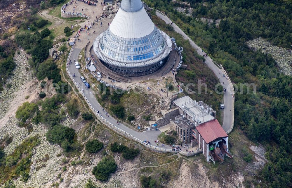 Aerial image Liberec - Radio tower and transmitter and hotel on the crest of the mountain range in Liberec in the Czech Republic