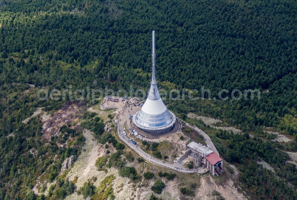 Aerial image Liberec - Radio tower and transmitter and hotel on the crest of the mountain range in Liberec in the Czech Republic