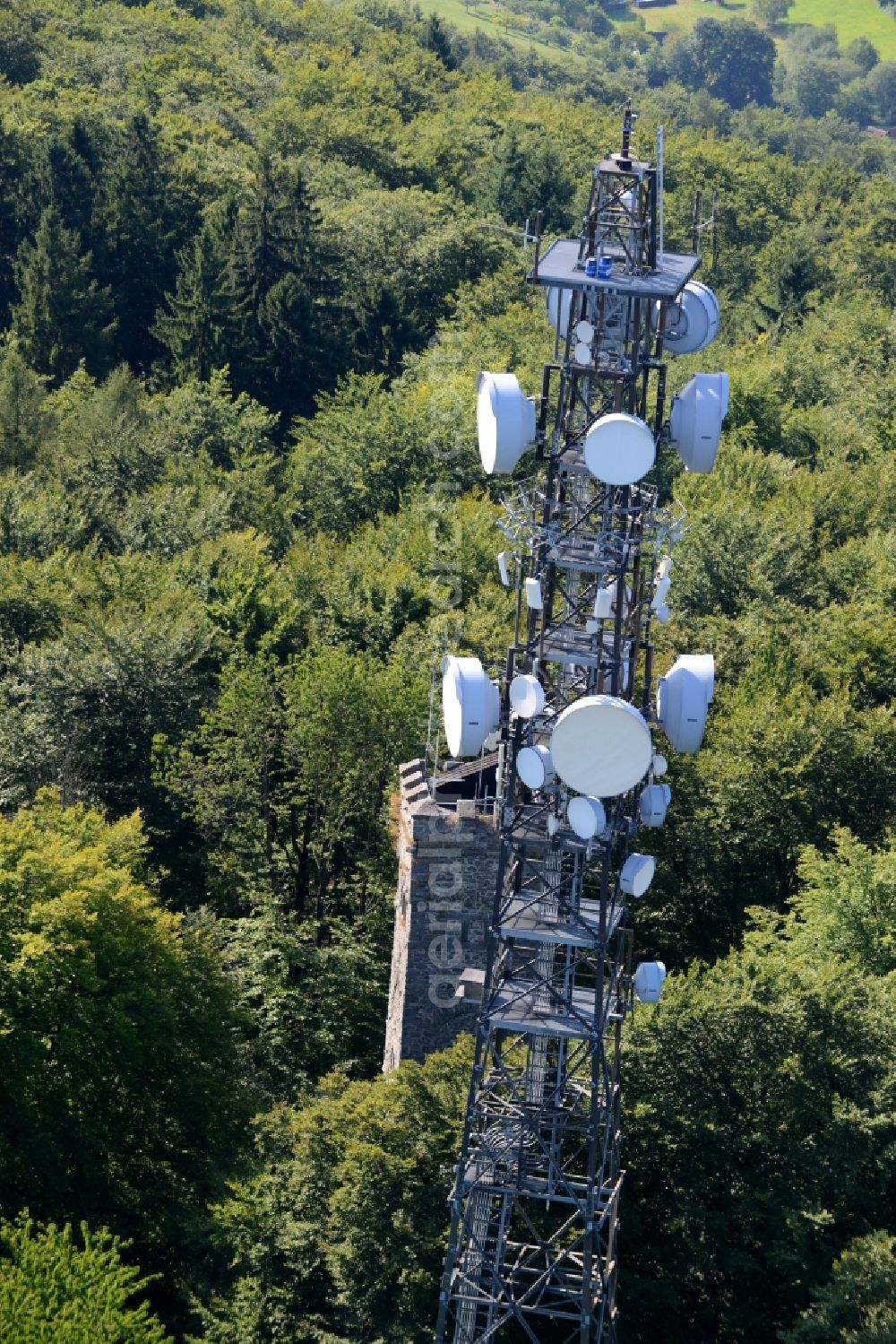 Lautertal from above - Radio tower and transmitter on the crest of the mountain range Felsberg in Lautertal in the state Hesse