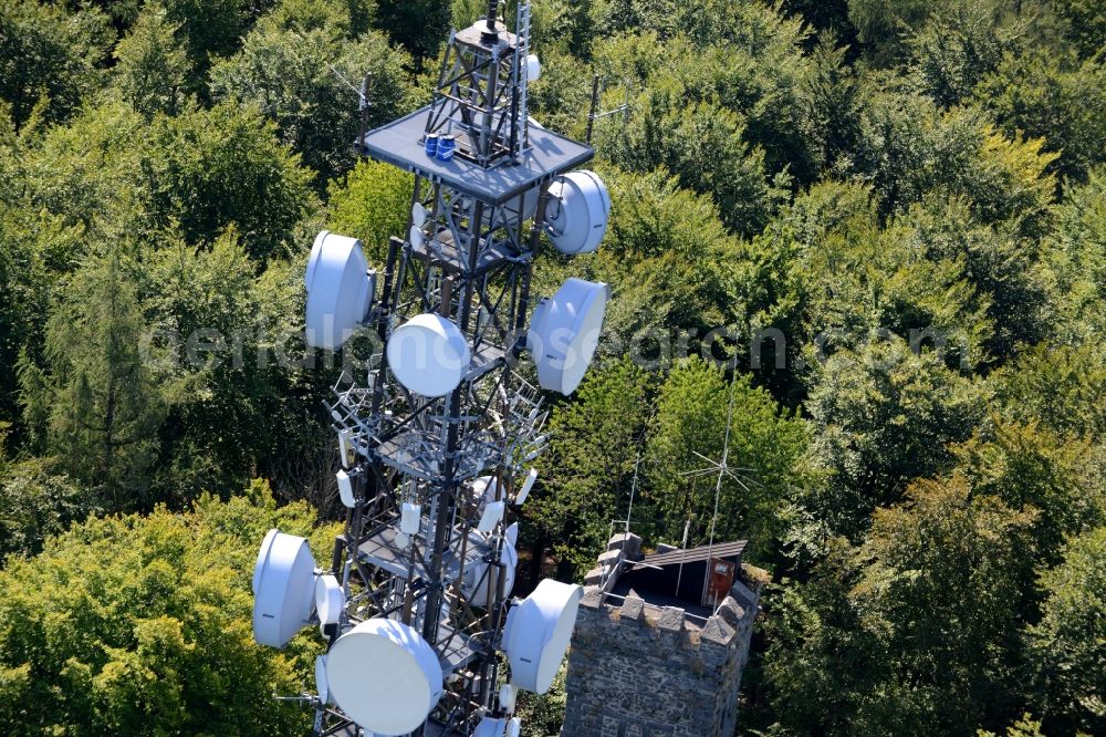 Lautertal from above - Radio tower and transmitter on the crest of the mountain range Felsberg in Lautertal in the state Hesse