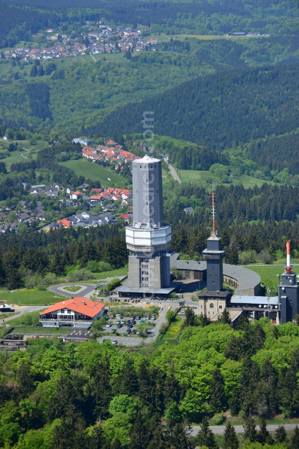 Aerial image Schmitten - Radio tower and transmitter on the crest of the mountain range Grosser Feldberg in Schmitten in the state Hesse