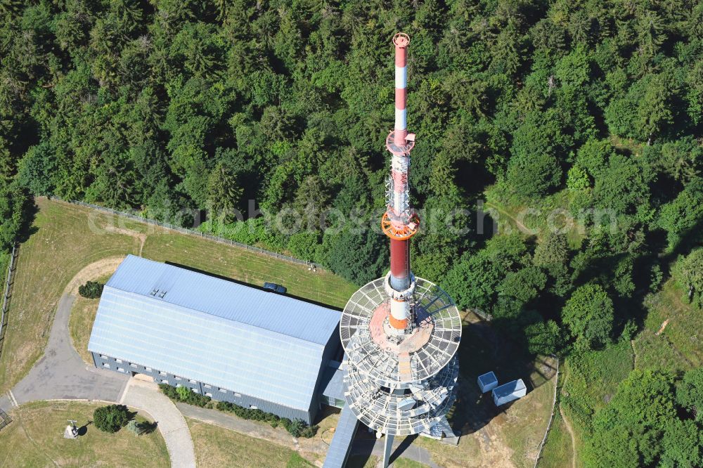 Brotterode from the bird's eye view: Radio tower and transmitter on the crest of the mountain range Grosser Inselsberg in Kurort Brotterode in the state Thuringia, Germany