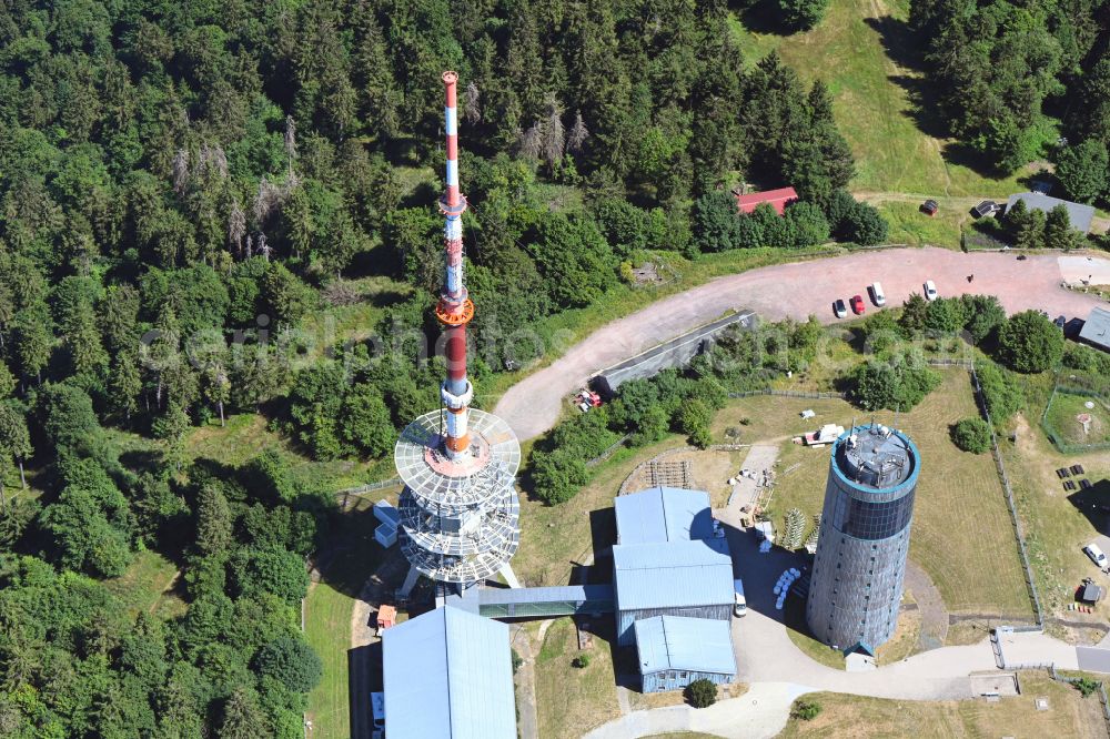 Brotterode from the bird's eye view: Radio tower and transmitter on the crest of the mountain range Grosser Inselsberg in Kurort Brotterode in the state Thuringia, Germany