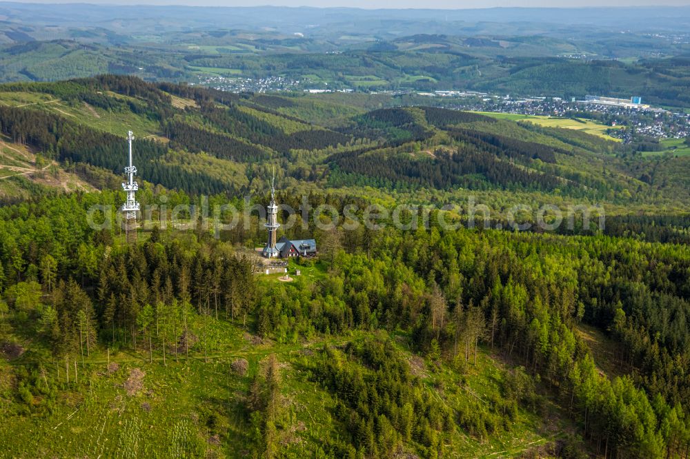 Kreuztal from above - Radio tower and transmitter on the crest of the mountain range Kindelsberg in Kreuztal in the state North Rhine-Westphalia