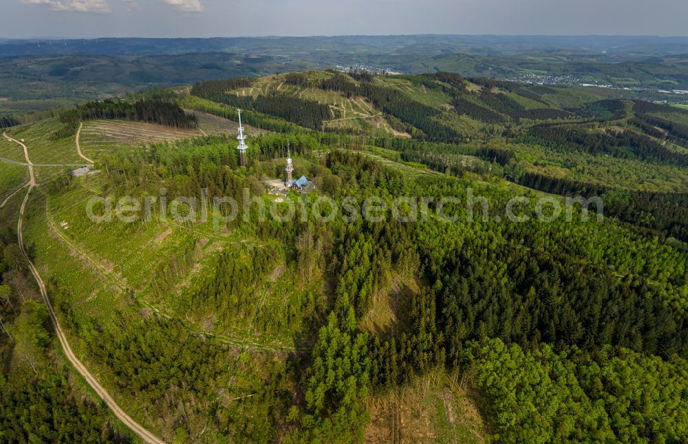 Aerial image Kreuztal - Radio tower and transmitter on the crest of the mountain range Kindelsberg in Kreuztal in the state North Rhine-Westphalia