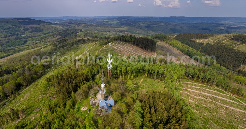 Aerial image Kreuztal - Radio tower and transmitter on the crest of the mountain range Kindelsberg in Kreuztal in the state North Rhine-Westphalia