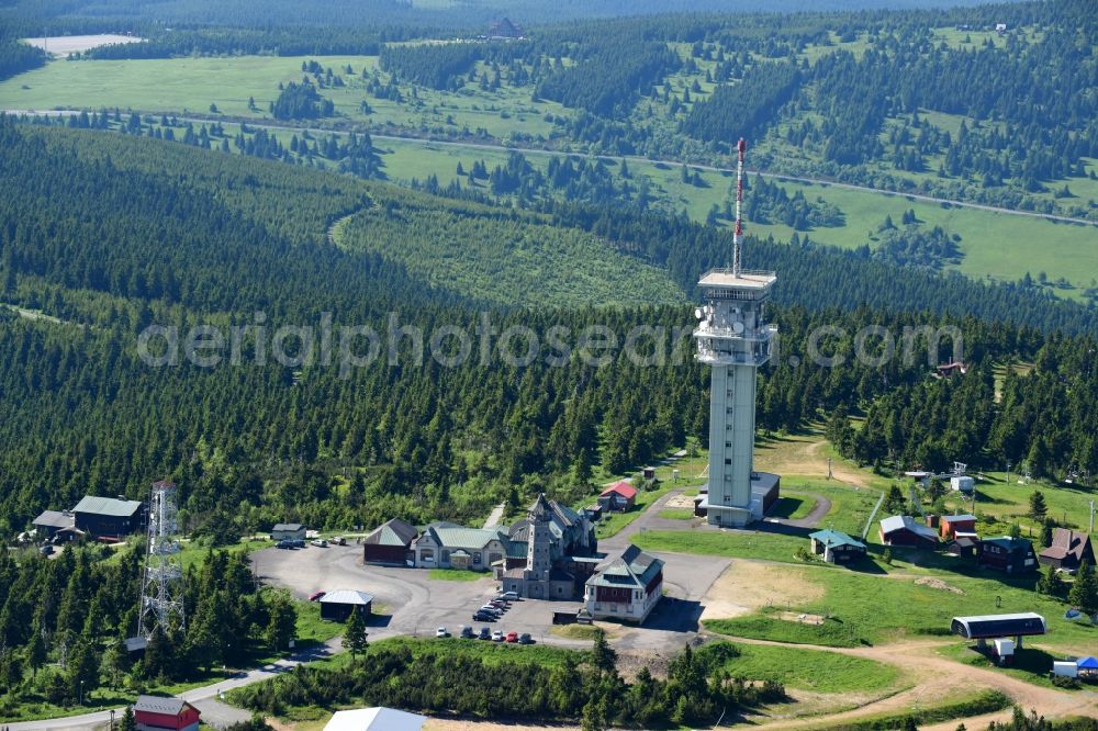Jachymov - Sankt Joachimsthal from above - Radio tower and transmitter on the crest of the mountain range Klinovec - Keilberg in Jachymov - Sankt Joachimsthal in Cechy - Boehmen, Czech Republic