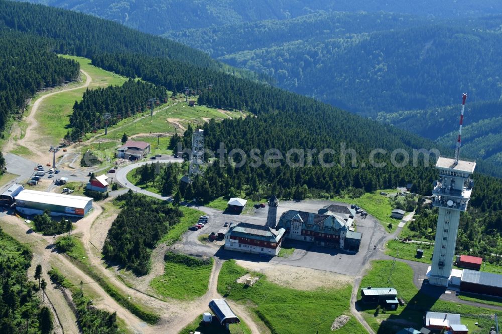 Jachymov - Sankt Joachimsthal from above - Radio tower and transmitter on the crest of the mountain range Klinovec - Keilberg in Jachymov - Sankt Joachimsthal in Cechy - Boehmen, Czech Republic