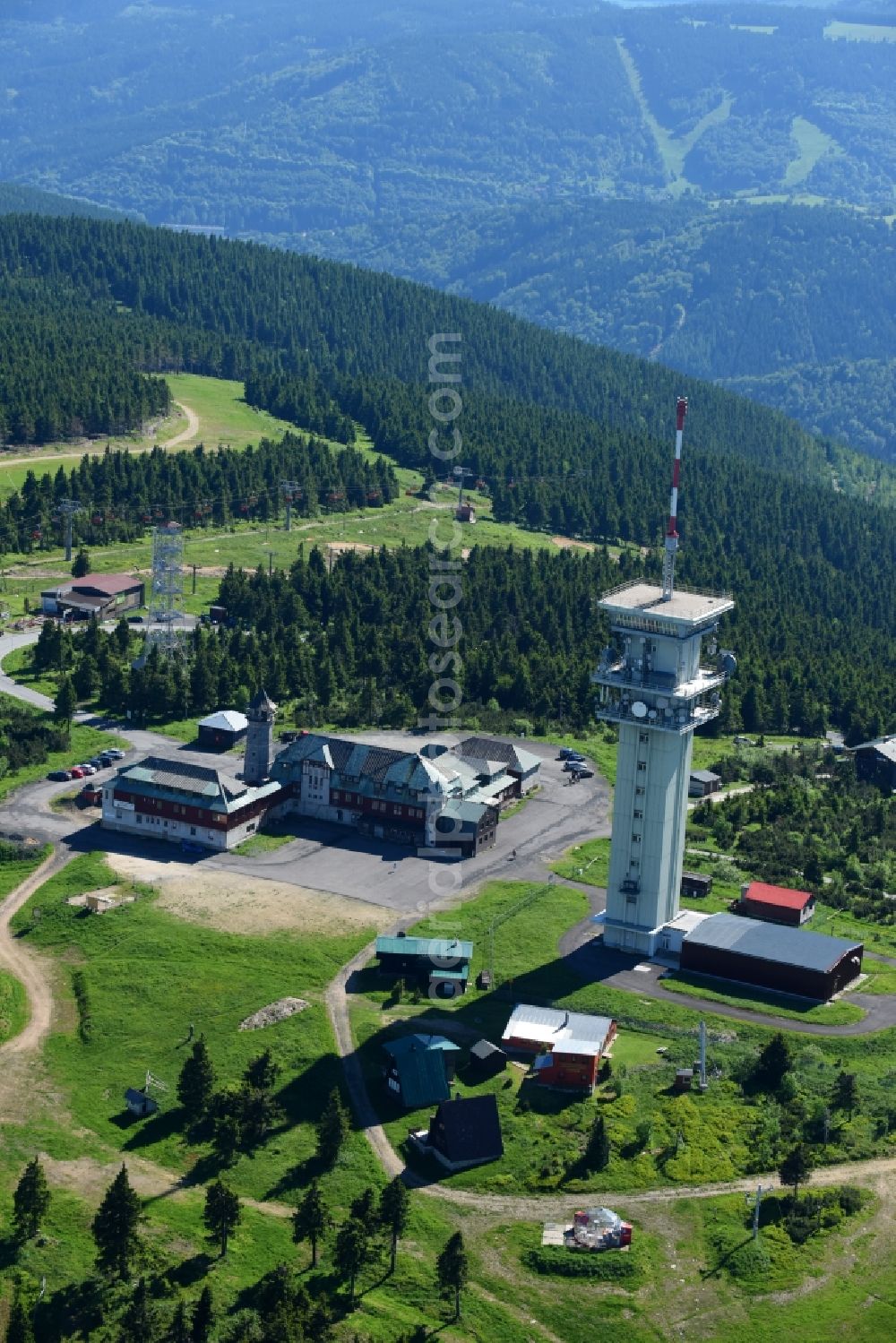 Aerial image Jachymov - Sankt Joachimsthal - Radio tower and transmitter on the crest of the mountain range Klinovec - Keilberg in Jachymov - Sankt Joachimsthal in Cechy - Boehmen, Czech Republic