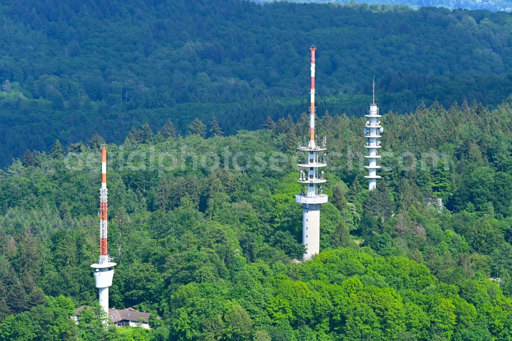 Heidelberg from the bird's eye view: Radio tower and transmitter on the crest of the mountain range of Koenigstuhl on street Hohler Kaestenbaumweg in Heidelberg in the state Baden-Wuerttemberg, Germany