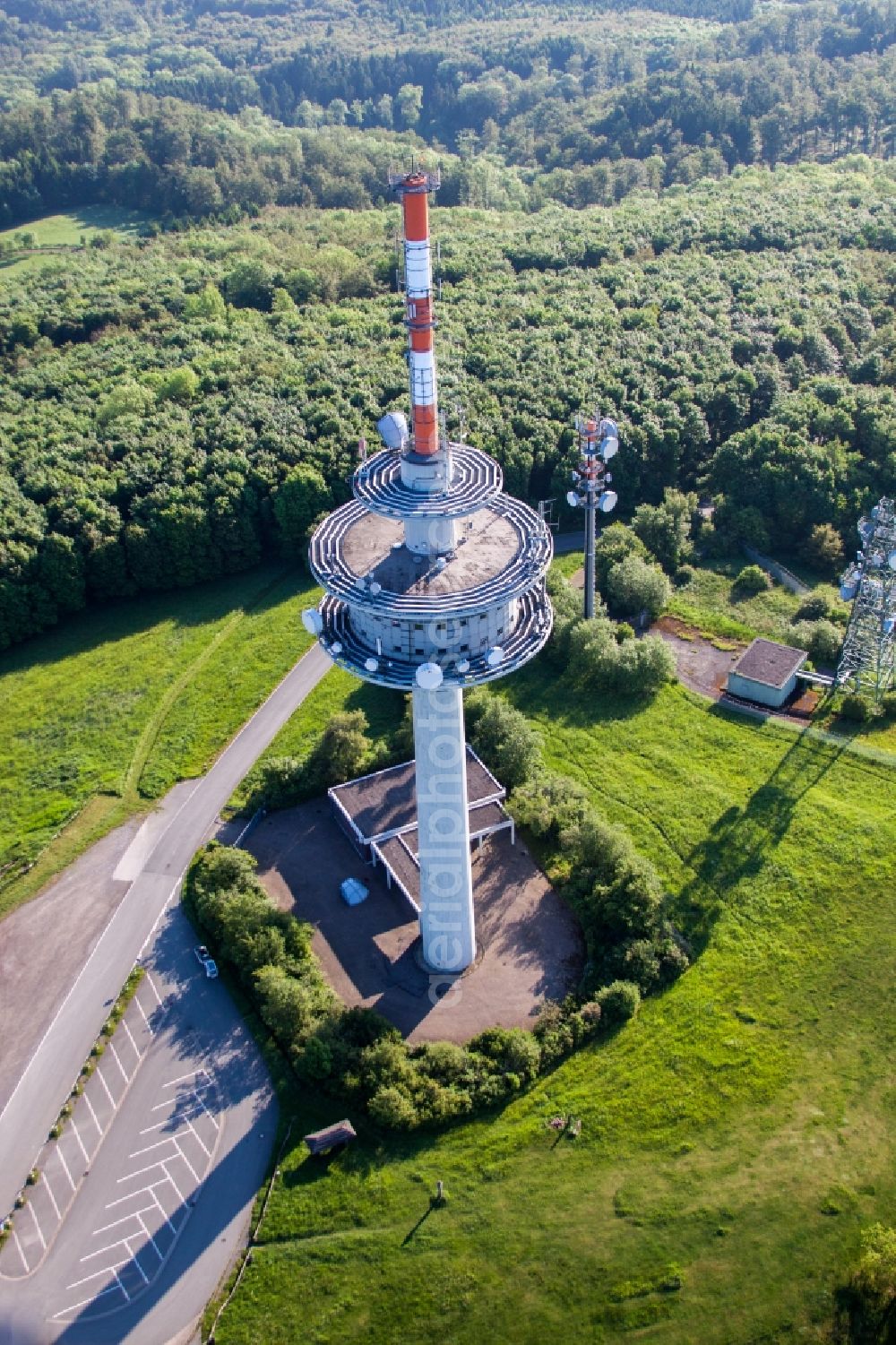 Lügde from above - Radio tower and transmitter on the crest of the mountain range Koeterberg in Luegde in the state North Rhine-Westphalia, Germany