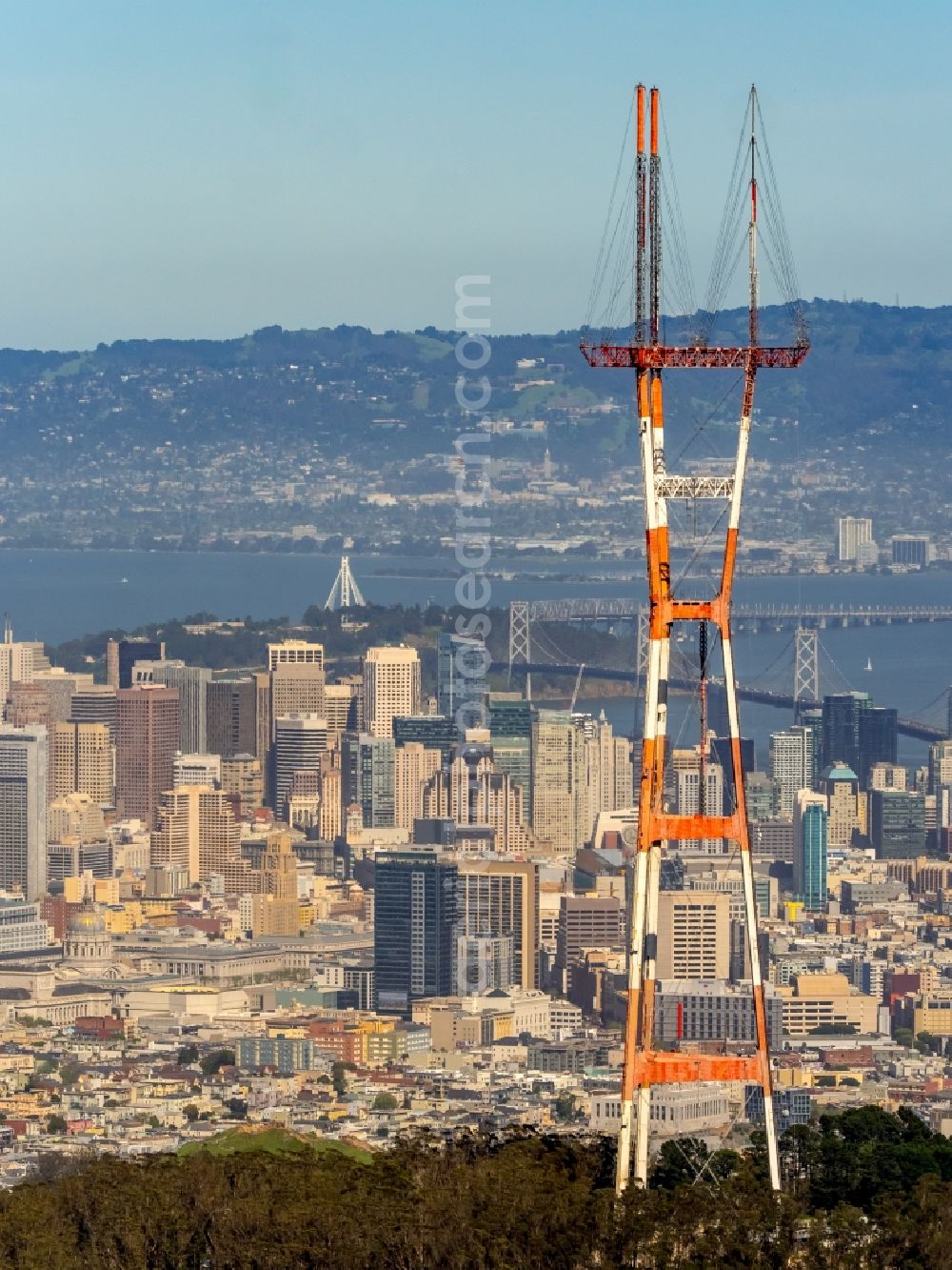 Aerial image San Francisco - Radio tower and transmitter on the crest of the mountain range Mount Sutro in San Francisco in California, USA