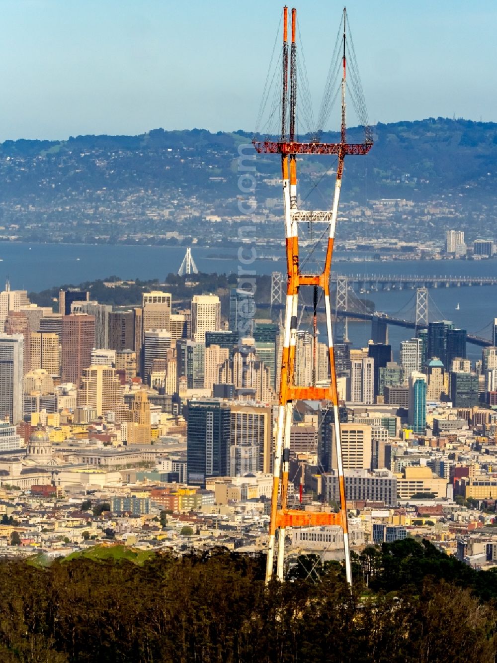 Aerial photograph San Francisco - Radio tower and transmitter on the crest of the mountain range Mount Sutro in San Francisco in California, USA