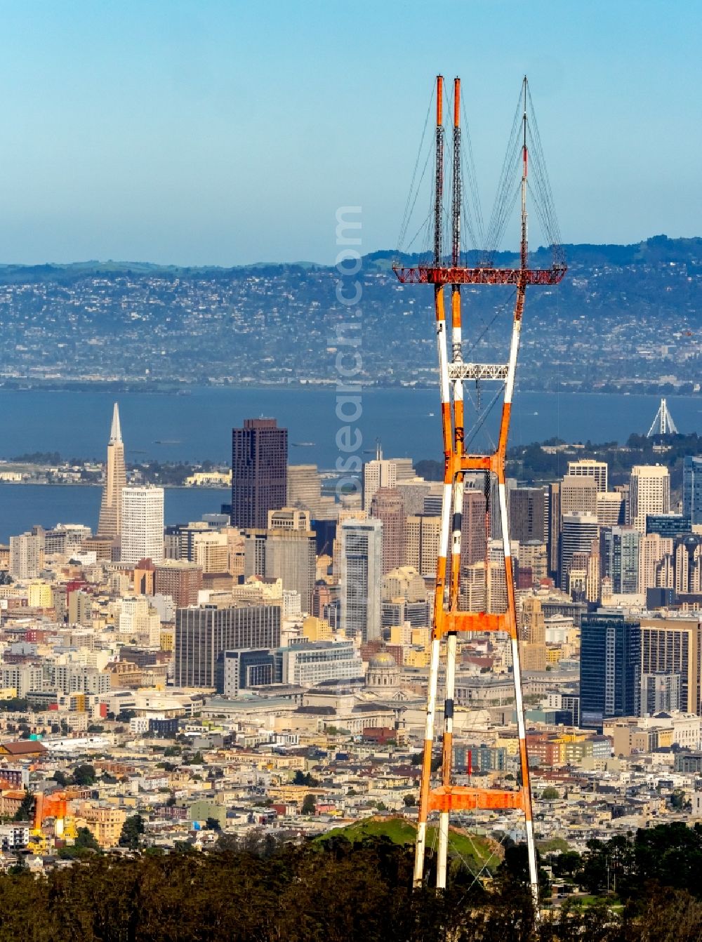 San Francisco from above - Radio tower and transmitter on the crest of the mountain range Mount Sutro in San Francisco in California, USA