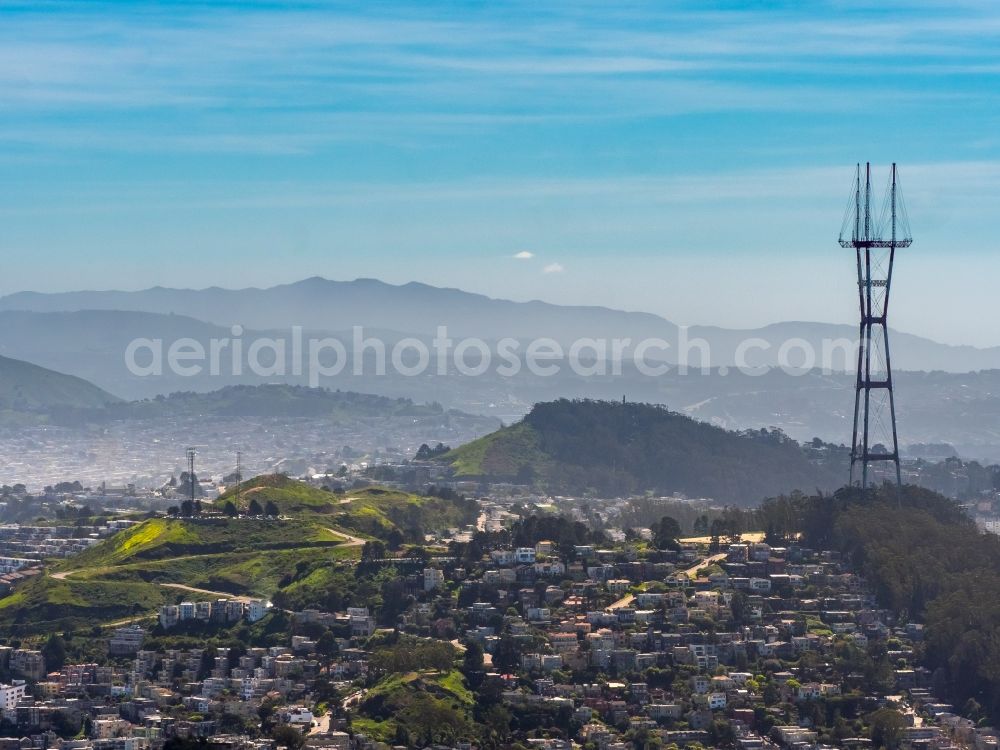 San Francisco from above - Radio tower and transmitter on the crest of the mountain range Mount Sutro in San Francisco in California, USA