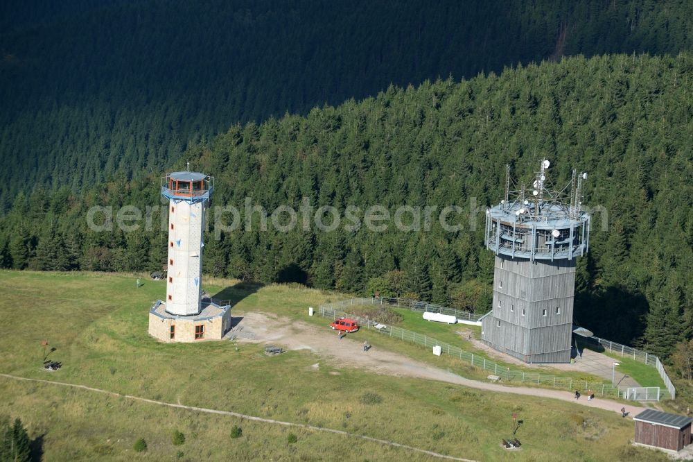 Gehlberg from the bird's eye view: Radio tower and transmitter on the crest of the mountain range Schneekopf in Gehlberg in the state Thuringia