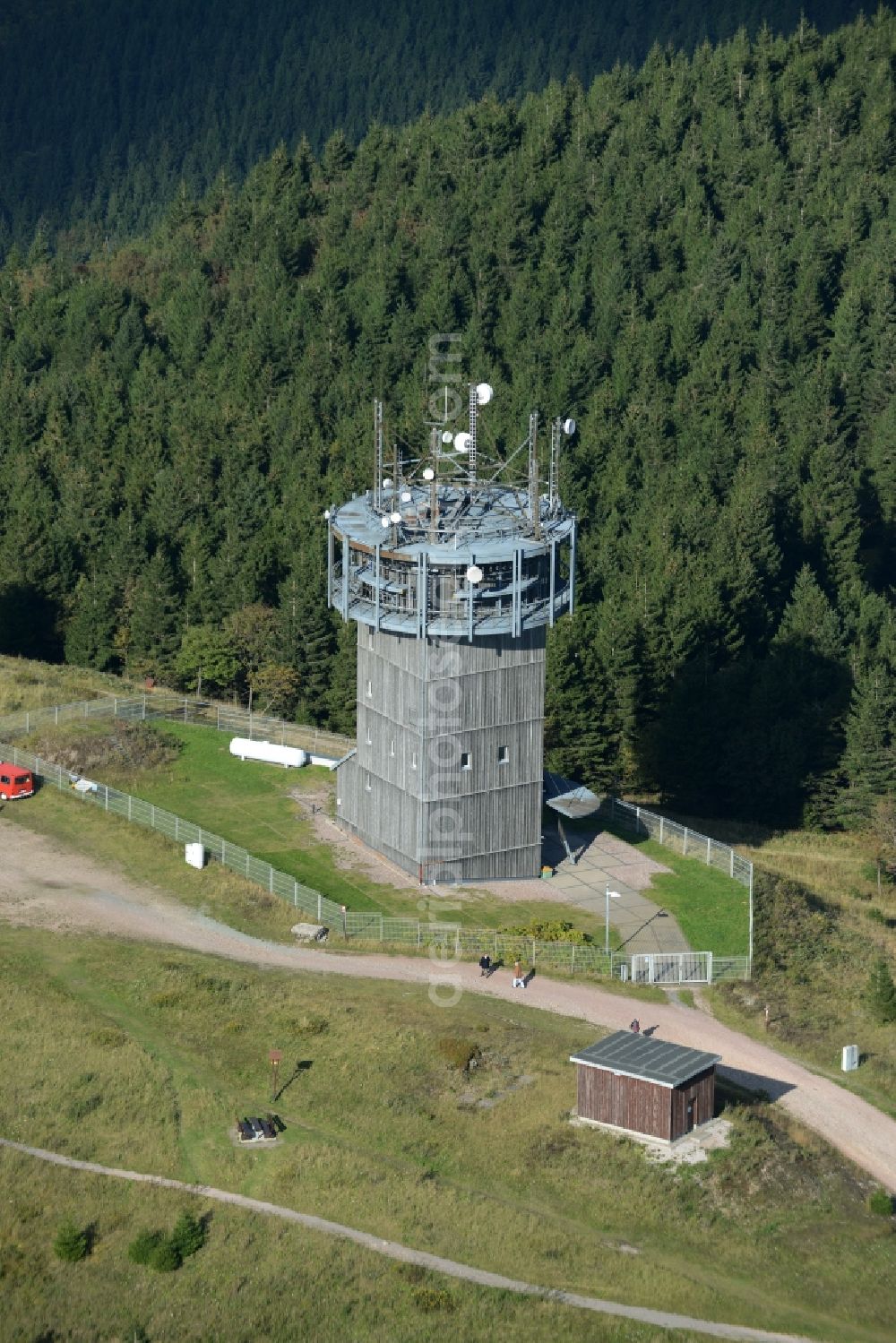 Gehlberg from above - Radio tower and transmitter on the crest of the mountain range Schneekopf in Gehlberg in the state Thuringia