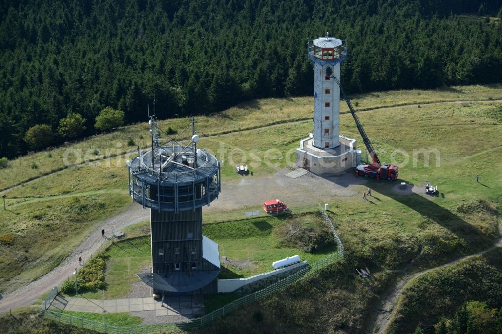 Aerial photograph Gehlberg - Radio tower and transmitter on the crest of the mountain range Schneekopf in Gehlberg in the state Thuringia