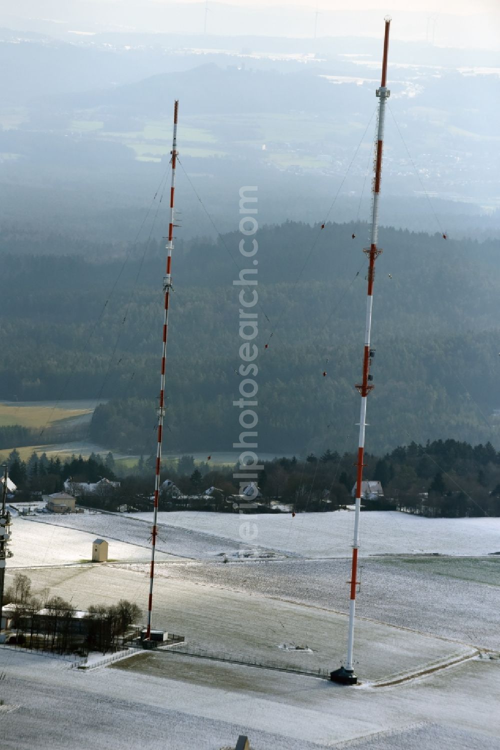 Aerial image Postbauer-Heng - Wintry snowy Radio transmitter on the crest of the mountain range des Sender Dillberg in Postbauer-Heng in the state Bavaria