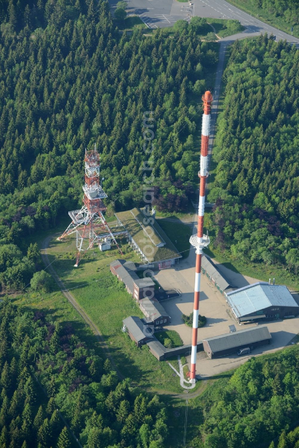 Aerial image Altenau - Radio tower and transmitter on the crest of the mountain range Torfhaus in Altenau in the state Lower Saxony