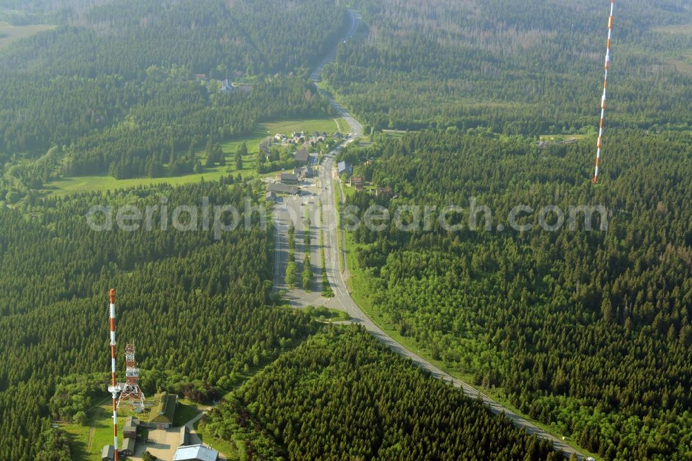 Altenau from above - Radio tower and transmitter on the crest of the mountain range Torfhaus in Altenau in the state Lower Saxony