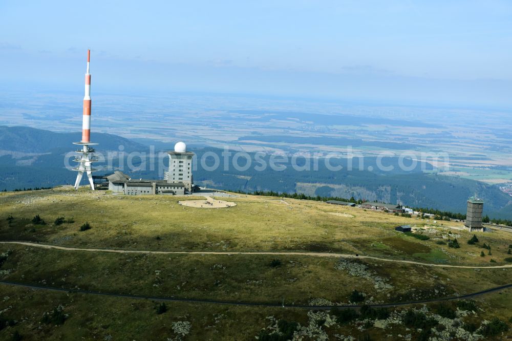 Aerial image Schierke - radio tower and transmitter on the crest of the mountain range Brocken in Harz in Schierke in the state Saxony-Anhalt, Germany
