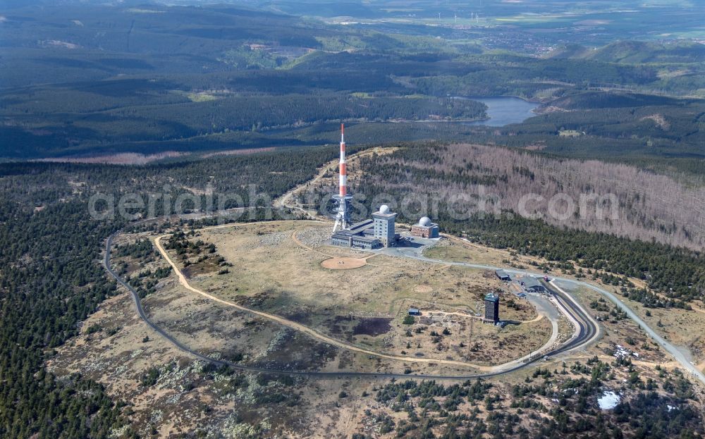 Schierke from the bird's eye view: Radio tower and transmitter on the crest of the mountain range Brocken in Harz in Schierke in the state Saxony-Anhalt, Germany