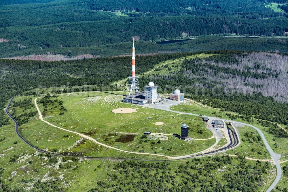 Aerial photograph Schierke - Radio tower and transmitter on the crest of the mountain range Brocken in Harz in Schierke in the state Saxony-Anhalt, Germany