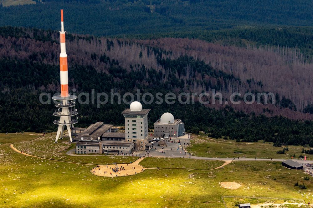 Schierke from above - Radio tower and transmitter on the crest of the mountain range Brocken in Harz in Schierke in the state Saxony-Anhalt, Germany