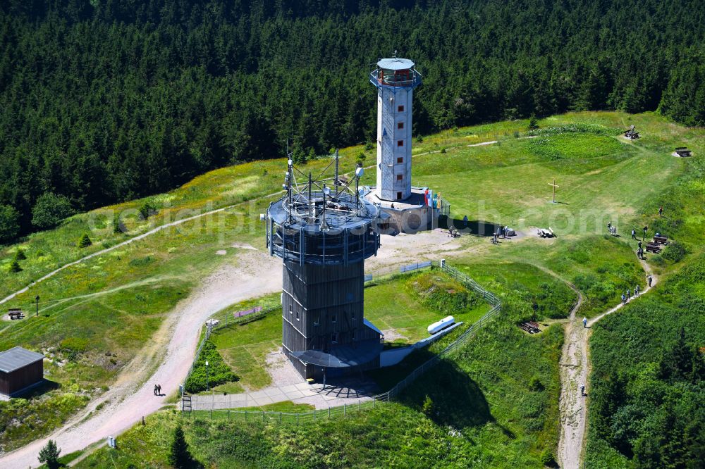 Gehlberg from the bird's eye view: Radio tower and transmitter on the crest of the mountain range Schneekopfturm in Gehlberg in the state Thuringia, Germany