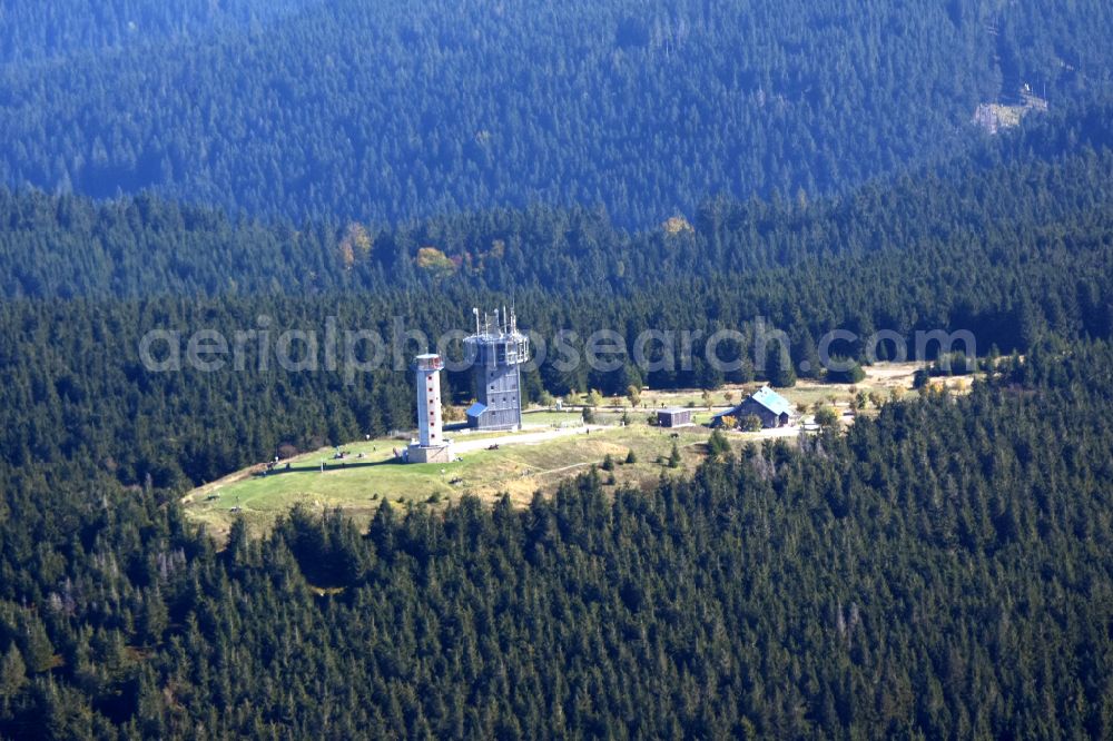 Gehlberg from the bird's eye view: Radio tower and transmitter on the crest of the mountain range Schneekopfturm in Gehlberg in the state Thuringia, Germany