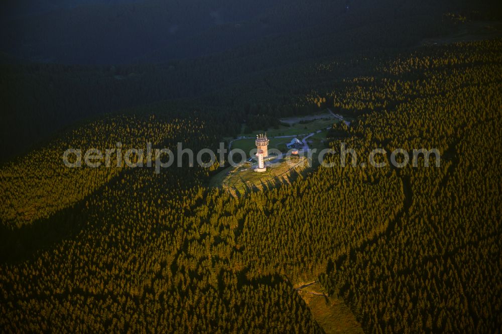 Aerial photograph Gehlberg - Radio tower and transmitter on the crest of the mountain range Schneekopfturm in Gehlberg in the Thuringian Forest in the state Thuringia, Germany