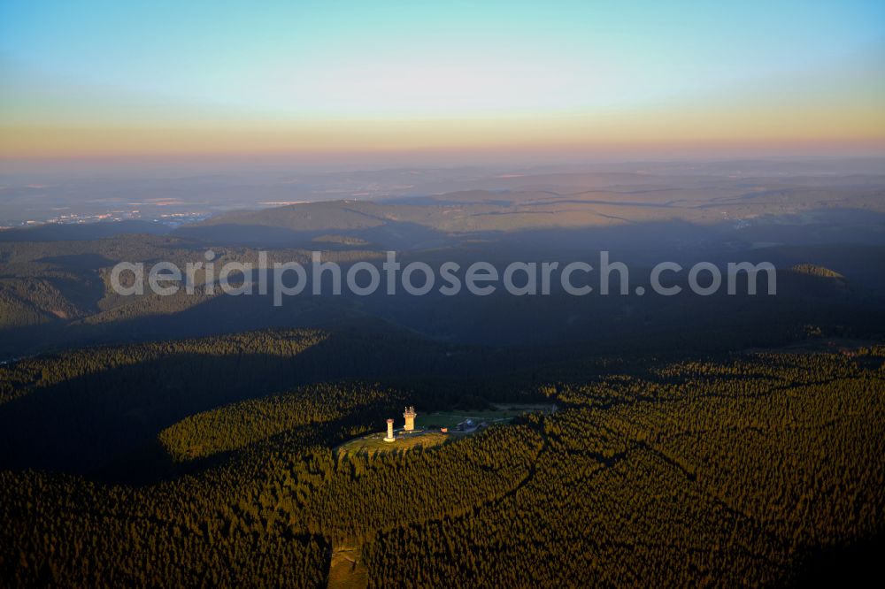 Aerial image Gehlberg - Radio tower and transmitter on the crest of the mountain range Schneekopfturm in Gehlberg in the Thuringian Forest in the state Thuringia, Germany