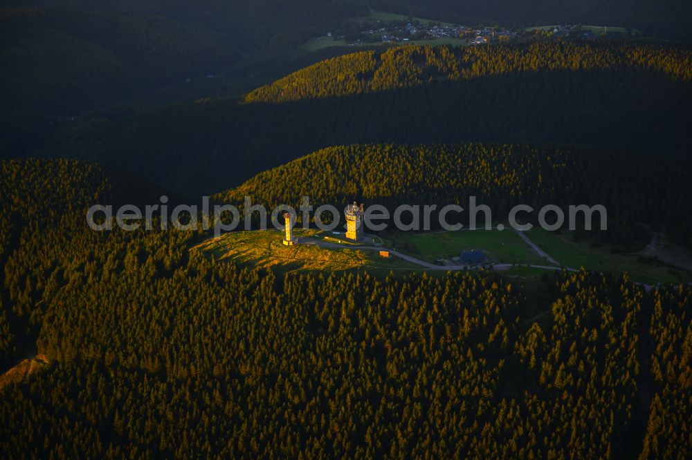 Aerial photograph Gehlberg - Radio tower and transmitter on the crest of the mountain range Schneekopfturm in Gehlberg in the Thuringian Forest in the state Thuringia, Germany