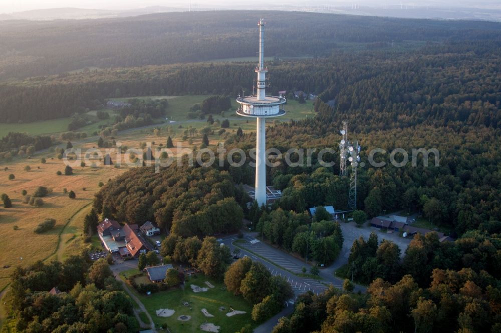 Schotten from above - Radio tower and transmitter on the crest of the mountain range Hoherodskopf in Schotten in the state Hesse, Germany