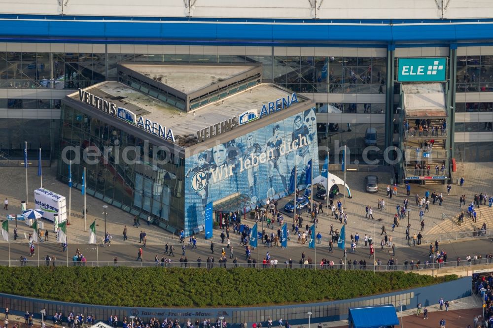 Gelsenkirchen from above - Football fans at Bundesliga match against Bayern Schalke in the grounds of the stadium Veltins Arena / Schalke stadium in Gelsenkirchen in North Rhine-Westphalia