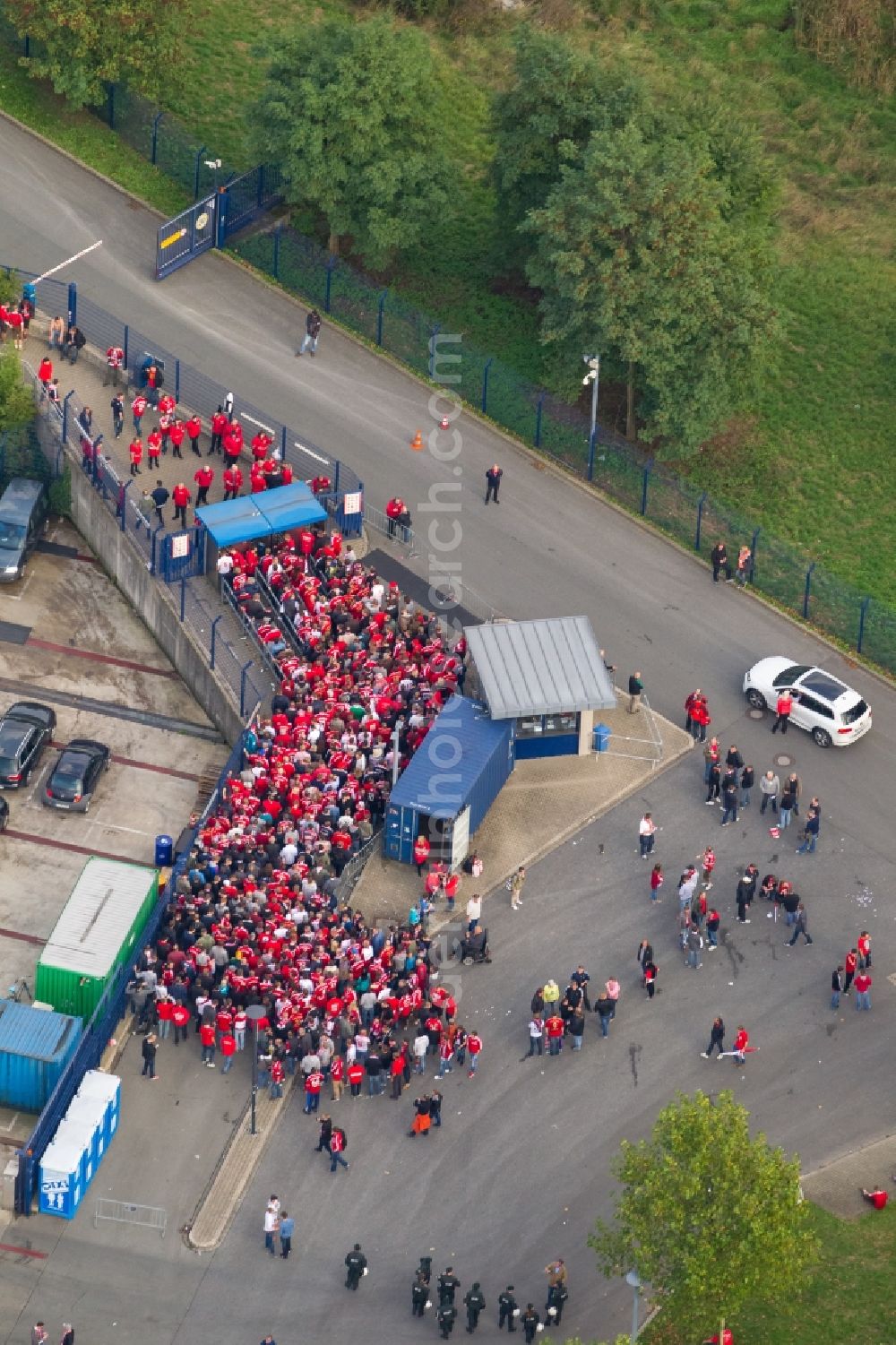 Gelsenkirchen from above - Football fans at Bundesliga match against Bayern Schalke in the grounds of the stadium Veltins Arena / Schalke stadium in Gelsenkirchen in North Rhine-Westphalia