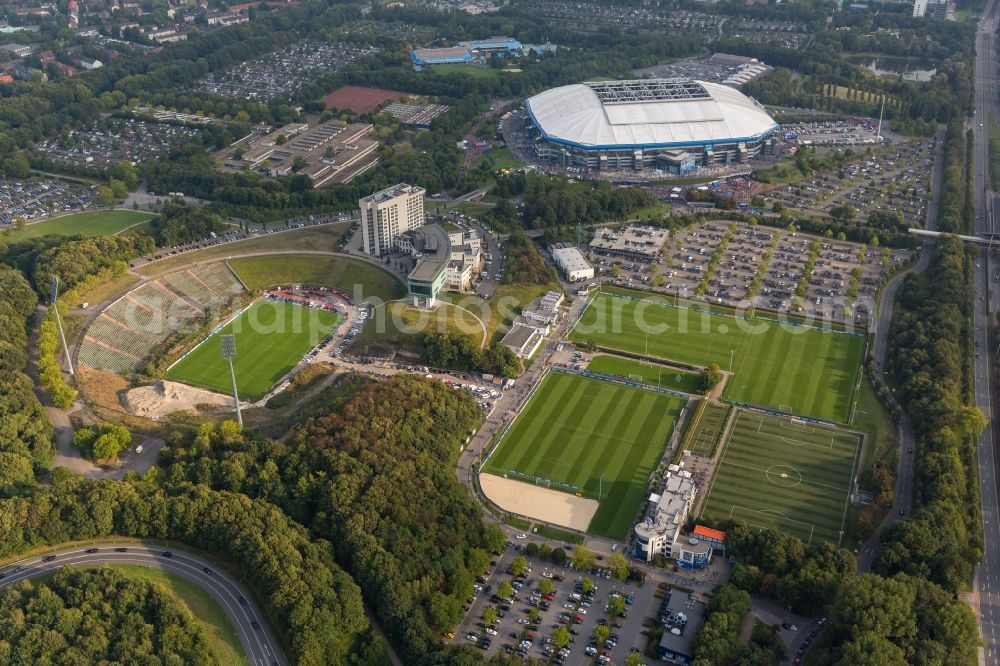 Aerial photograph Gelsenkirchen - Football fans at Bundesliga match against Bayern Schalke in the grounds of the stadium Veltins Arena / Schalke stadium in Gelsenkirchen in North Rhine-Westphalia