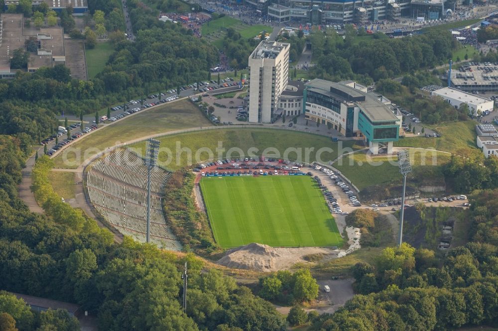 Gelsenkirchen from above - Football fans at Bundesliga match against Bayern Schalke in the grounds of the stadium Veltins Arena / Schalke stadium in Gelsenkirchen in North Rhine-Westphalia