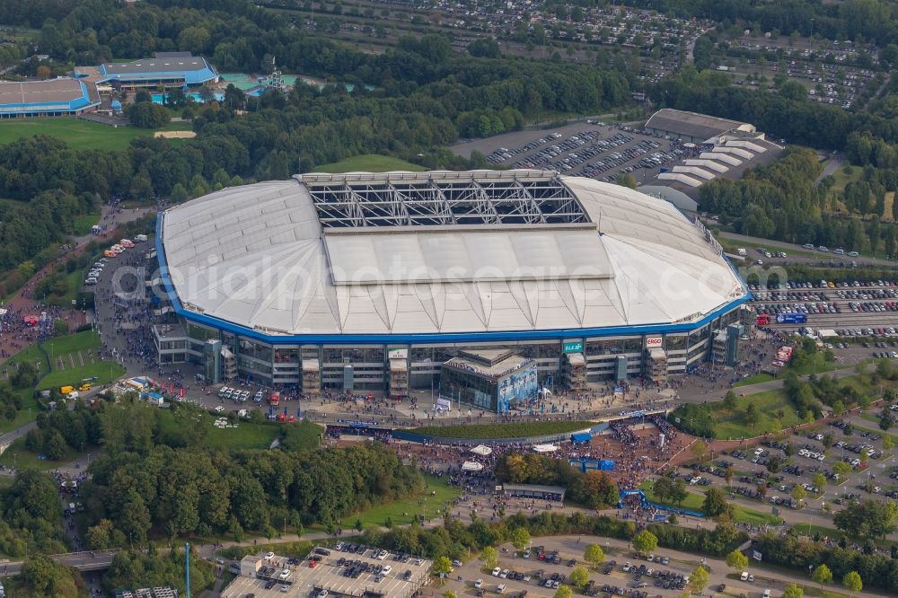 Gelsenkirchen from the bird's eye view: Football fans at Bundesliga match against Bayern Schalke in the grounds of the stadium Veltins Arena / Schalke stadium in Gelsenkirchen in North Rhine-Westphalia