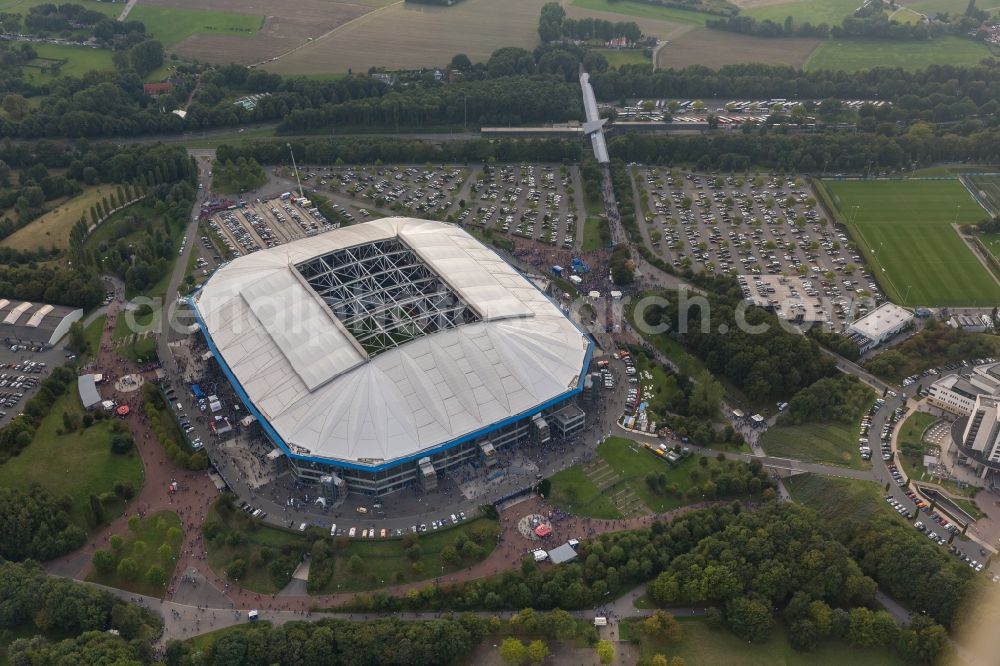 Aerial photograph Gelsenkirchen - Football fans at Bundesliga match against Bayern Schalke in the grounds of the stadium Veltins Arena / Schalke stadium in Gelsenkirchen in North Rhine-Westphalia