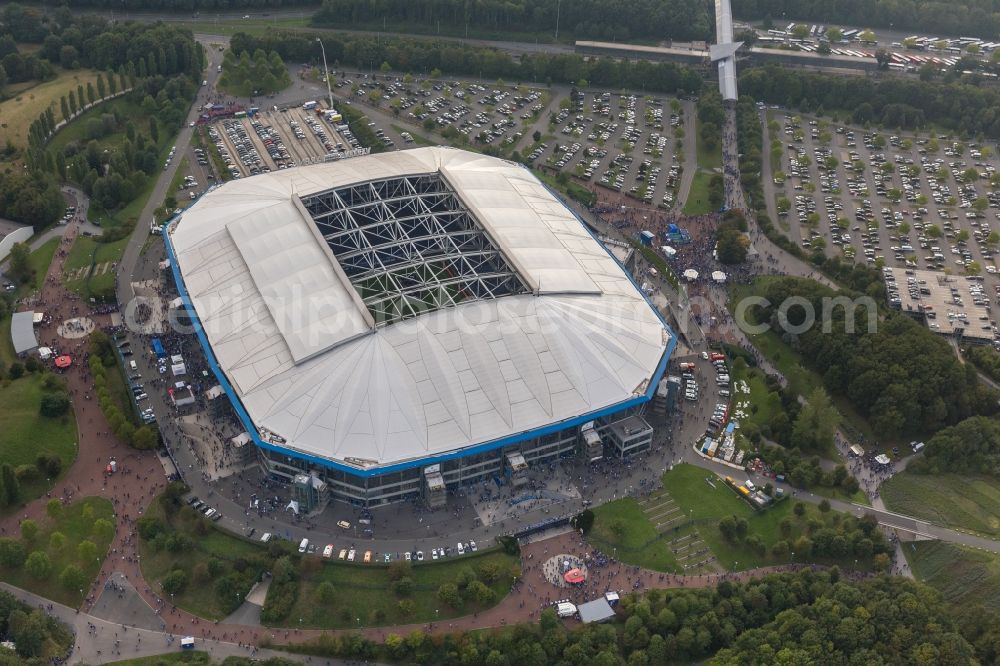 Gelsenkirchen from above - Football fans at Bundesliga match against Bayern Schalke in the grounds of the stadium Veltins Arena / Schalke stadium in Gelsenkirchen in North Rhine-Westphalia