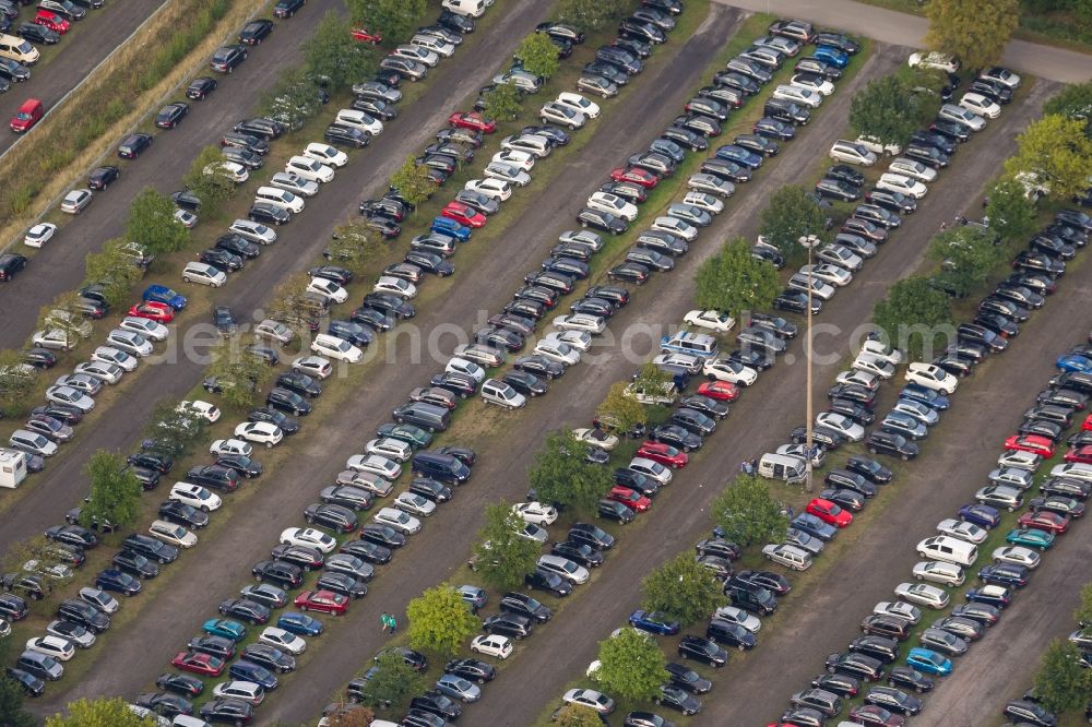 Gelsenkirchen from the bird's eye view: Football fans at Bundesliga match against Bayern Schalke in the grounds of the stadium Veltins Arena / Schalke stadium in Gelsenkirchen in North Rhine-Westphalia