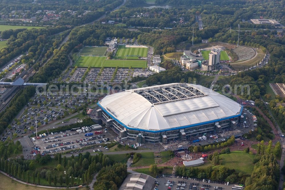 Gelsenkirchen from above - Football fans at Bundesliga match against Bayern Schalke in the grounds of the stadium Veltins Arena / Schalke stadium in Gelsenkirchen in North Rhine-Westphalia