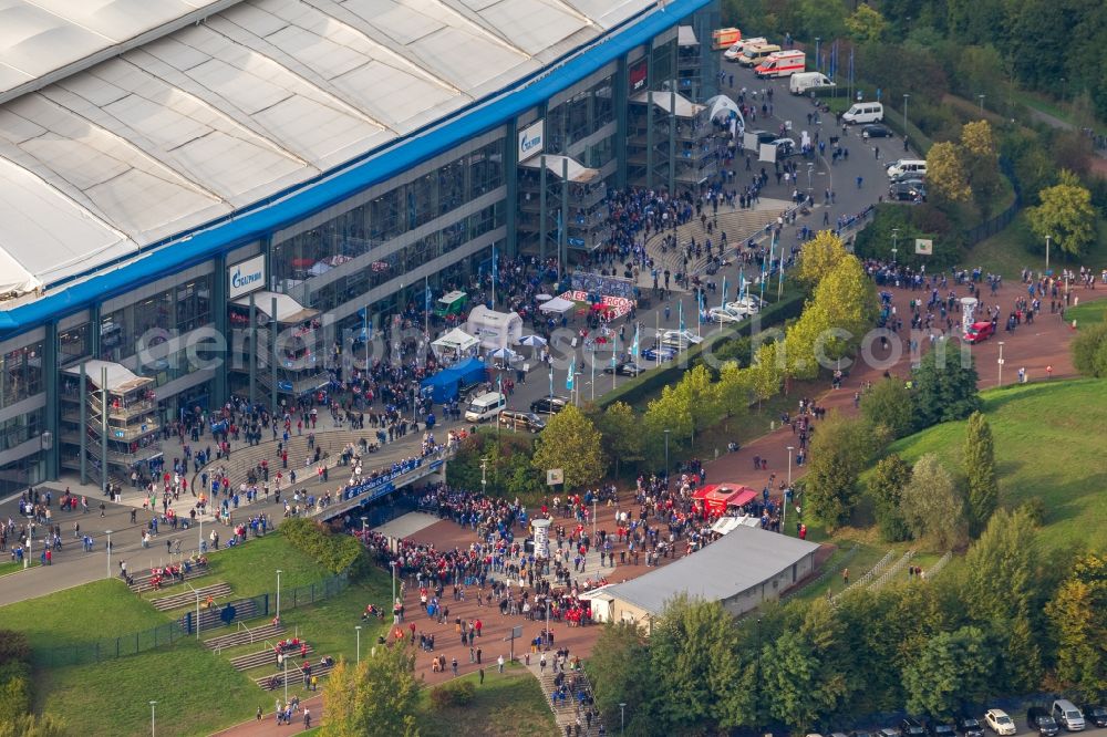 Aerial photograph Gelsenkirchen - Football fans at Bundesliga match against Bayern Schalke in the grounds of the stadium Veltins Arena / Schalke stadium in Gelsenkirchen in North Rhine-Westphalia