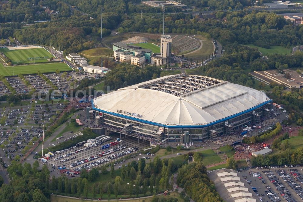 Gelsenkirchen from above - Football fans at Bundesliga match against Bayern Schalke in the grounds of the stadium Veltins Arena / Schalke stadium in Gelsenkirchen in North Rhine-Westphalia