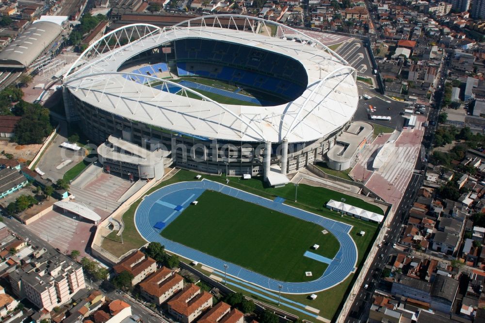 Rio de Janeiro from the bird's eye view: Sport Venue of the Estadio Olimpico Joao Havelange - the venue of the 15th Pan-American Games in 2007 and the 2016 Summer Olympics and Summer Paralympics in 2016. The arena is home to the football club Botafogo in Rio de Janeiro in Brazil