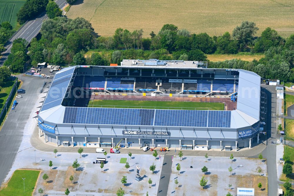 Paderborn from the bird's eye view: Football stadium Benteler-Arena on Wilfried-Finke-Allee in Paderborn in the state North Rhine-Westphalia, Germany