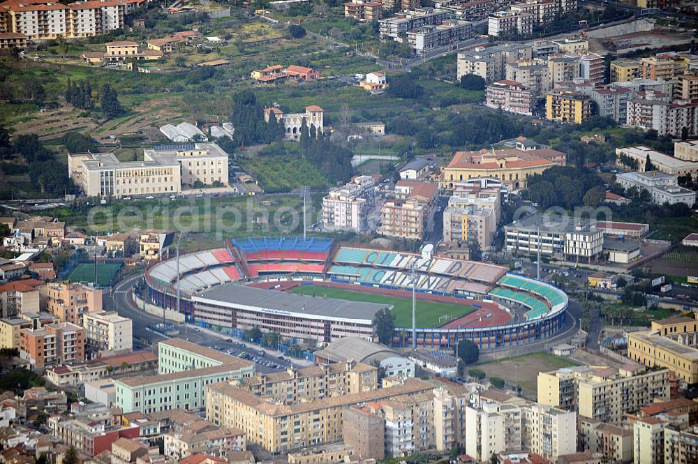 Aerial photograph Catania - Stadio Angelo Massimino (previously known as Stadio Cibali) is a multi-use stadium in Catania, Italy. It is currently used mostly for football matches and the home of Calcio Catania. The stadium was built in 1937 and holds 23,420. It was named on 2002 after former Catania chairman Angelo Massimino